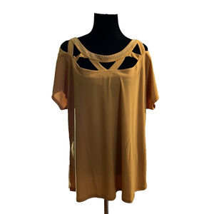 Diana Belle Womens Short Sleeve Round Neck Rhinestone Blouse Mustard Size 1X